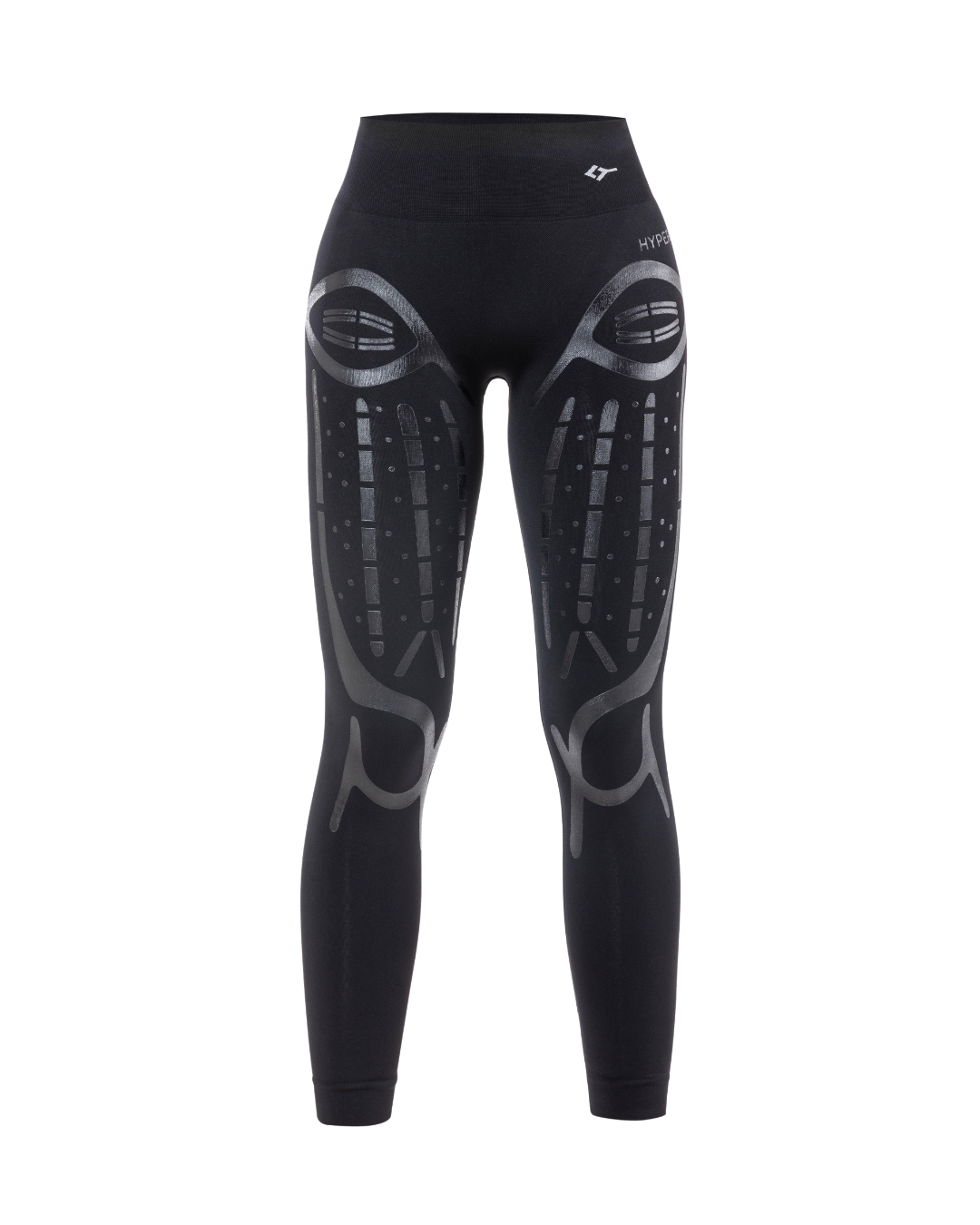 Black leggings with gray pattern on a white background